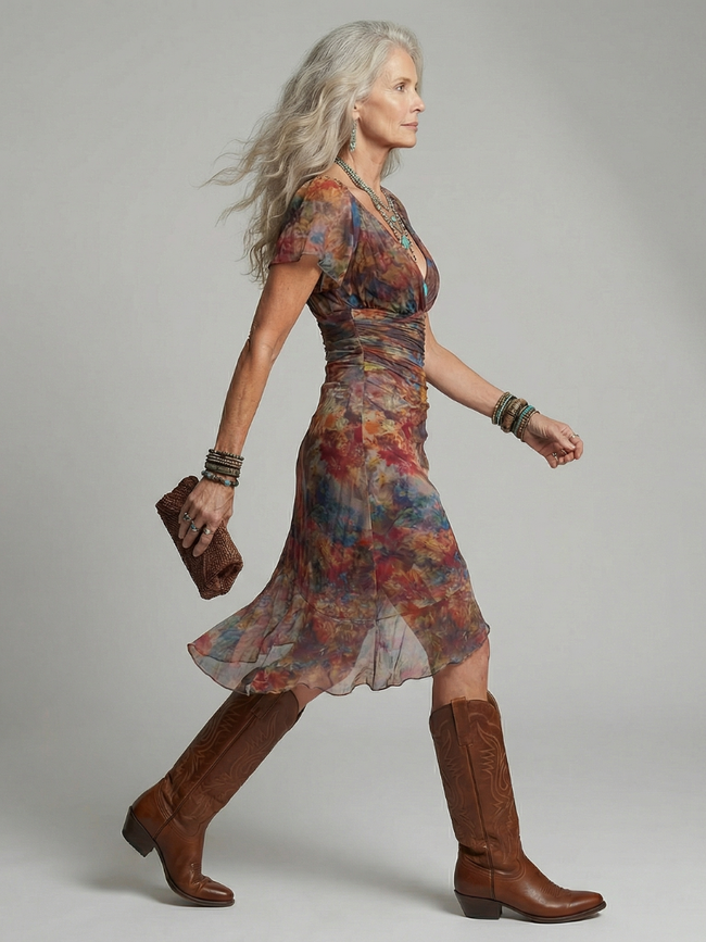 FJØRNA women's summer midi dress with short sleeves and ruched design, perfect for warm-weather casual wear.