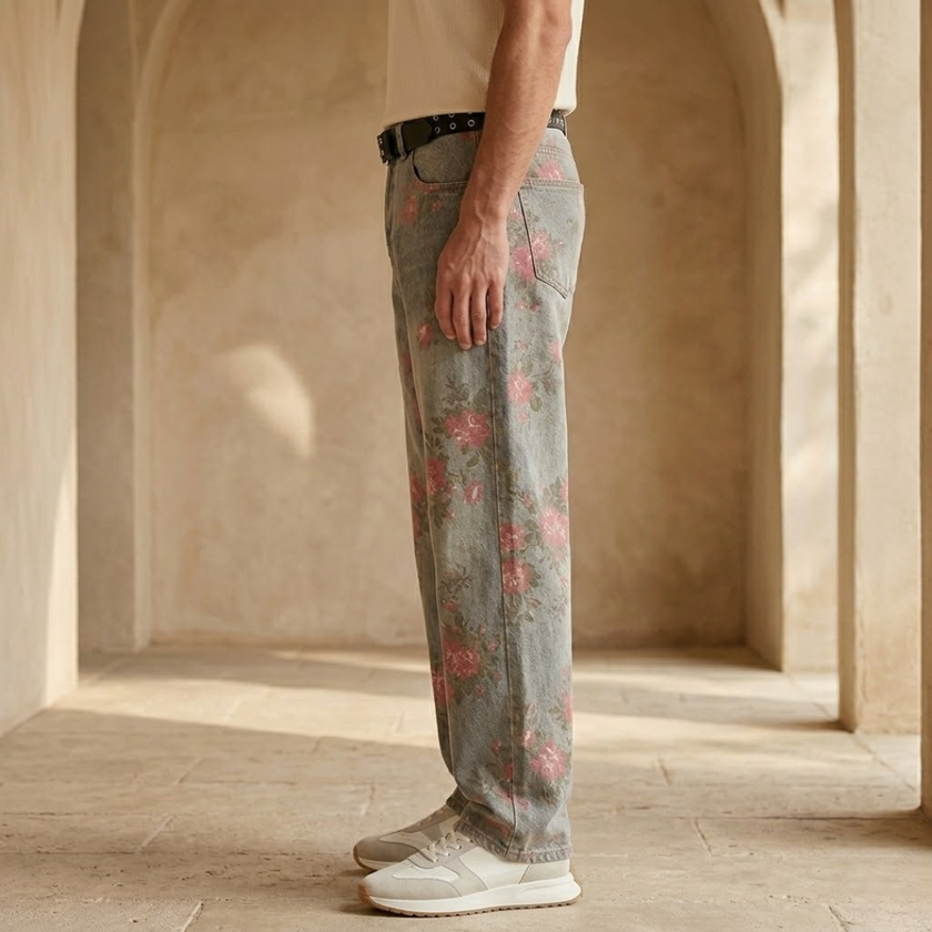 Men's relaxed fit baggy denim jeans by FJØRNA, showing the comfortable, stylish pants with classic denim texture.