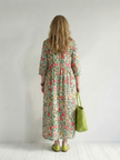 FJØRNA women's floral summer midi dress with long sleeves, wrap style, relaxed fit, perfect for warm weather.