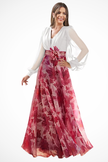 FJØRNA floral print V-neck balloon sleeve maxi dress for wedding guests, featuring a flowy silhouette and vibrant floral pattern.