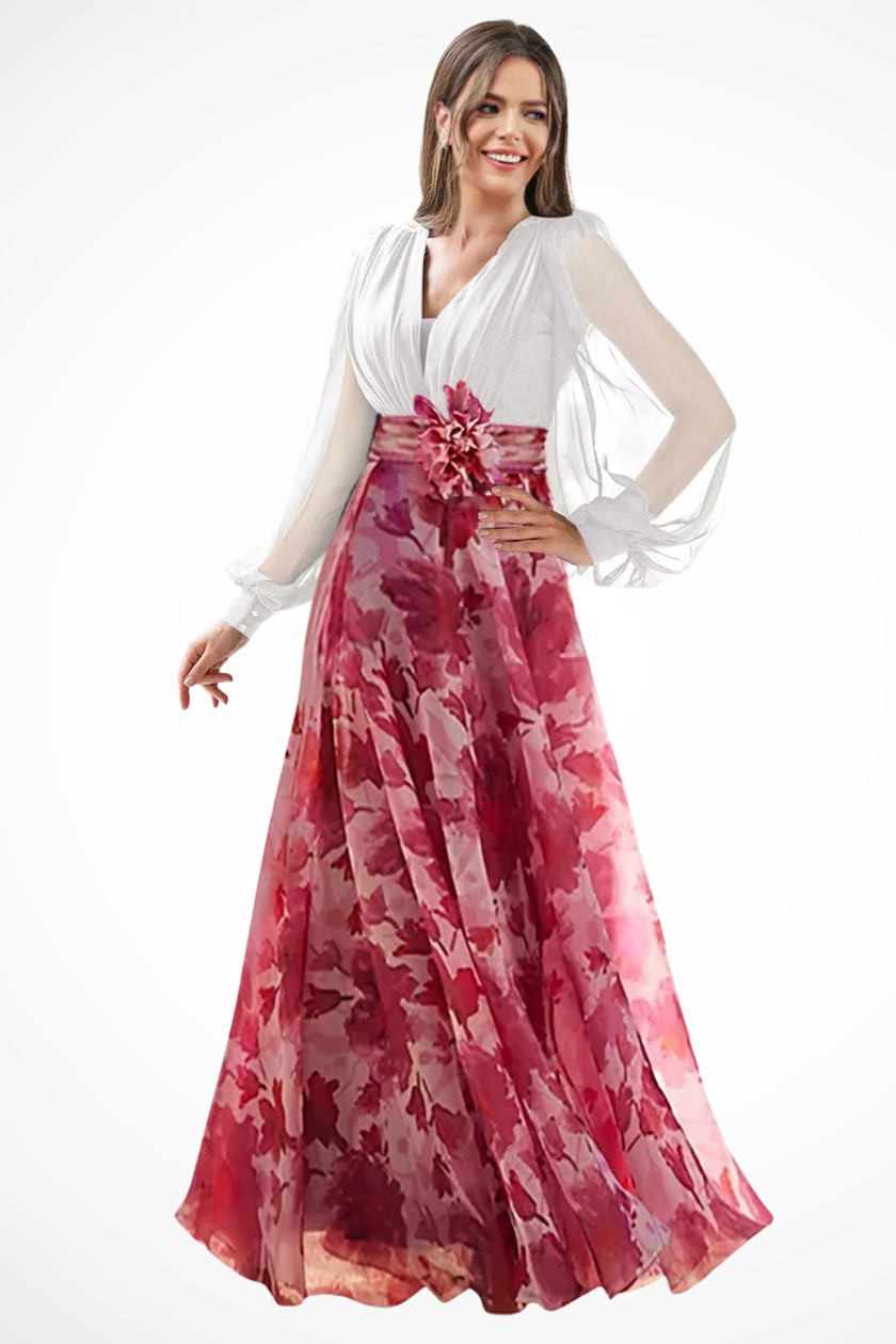 FJØRNA floral print V-neck balloon sleeve maxi dress for wedding guests, featuring a flowy silhouette and vibrant floral pattern.