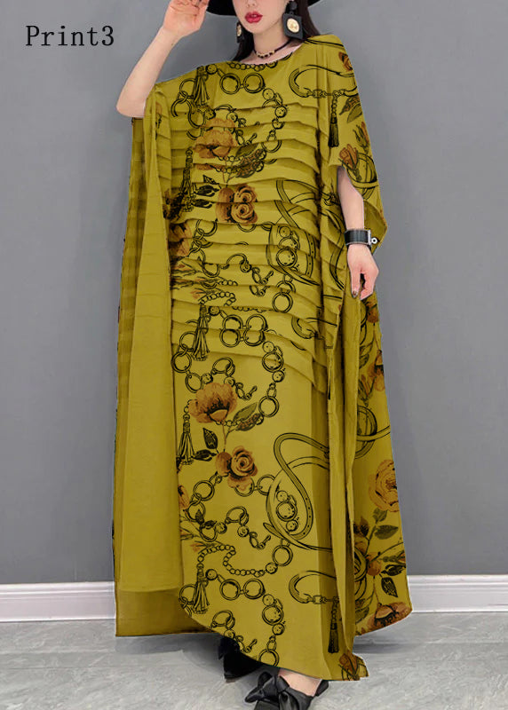 FJØRNA Grace Green O-neck striped chiffon ankle dress with batwing sleeves, featuring a flowing maxi design and elegant green color.