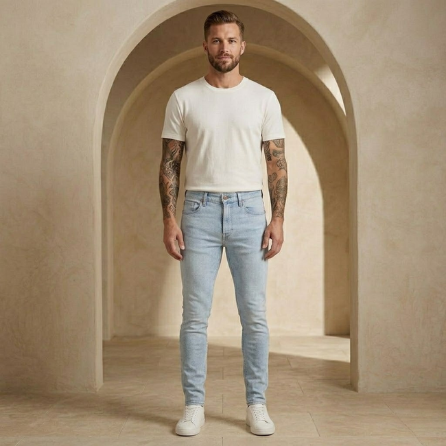 Men's tailored denim jeans by FJØRNA, showing classic blue denim pants with a slim fit and detailed stitching.