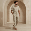 FJØRNA women’s linen co-ord set with matching shirt and trousers, lightweight summer outfit in neutral tones.