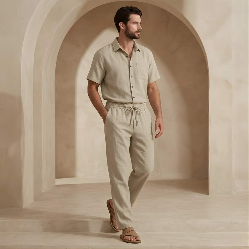 FJØRNA women’s linen co-ord set with matching shirt and trousers, lightweight summer outfit in neutral tones.