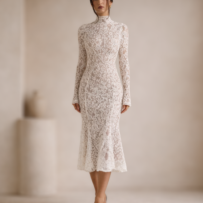 Ivory lace midi dress for women with a high neck, stylish and elegant, by FJØRNA, shown on a model.