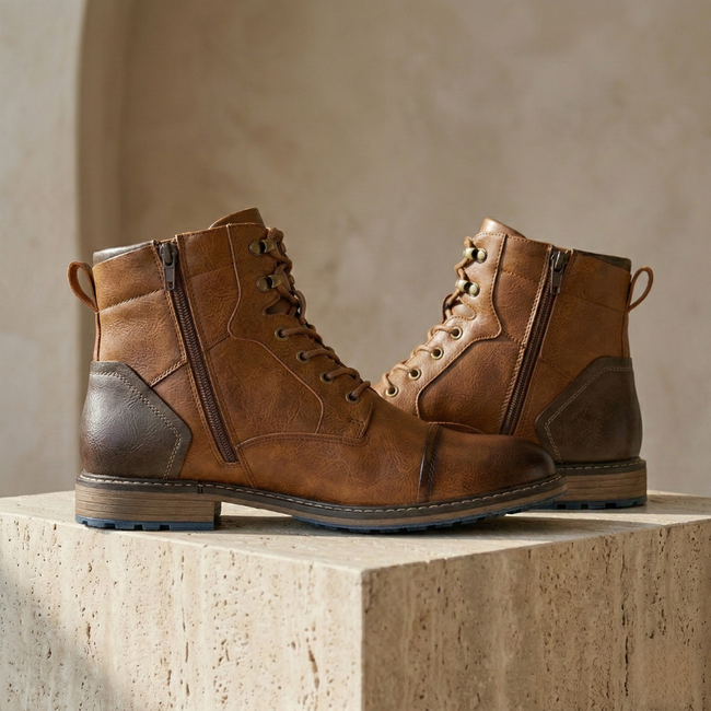 FJØRNA men's leather hiking boots with orthopedic support, sturdy design, and rugged outsole for outdoor adventures.
