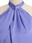 Lavender satin blouse for women by FJØRNA featuring a cross neck and gathered sleeveless design.
