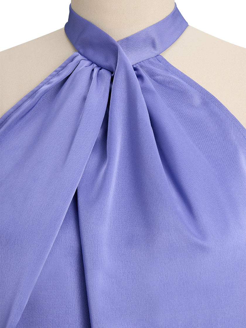 Lavender satin blouse for women by FJØRNA featuring a cross neck and gathered sleeveless design.