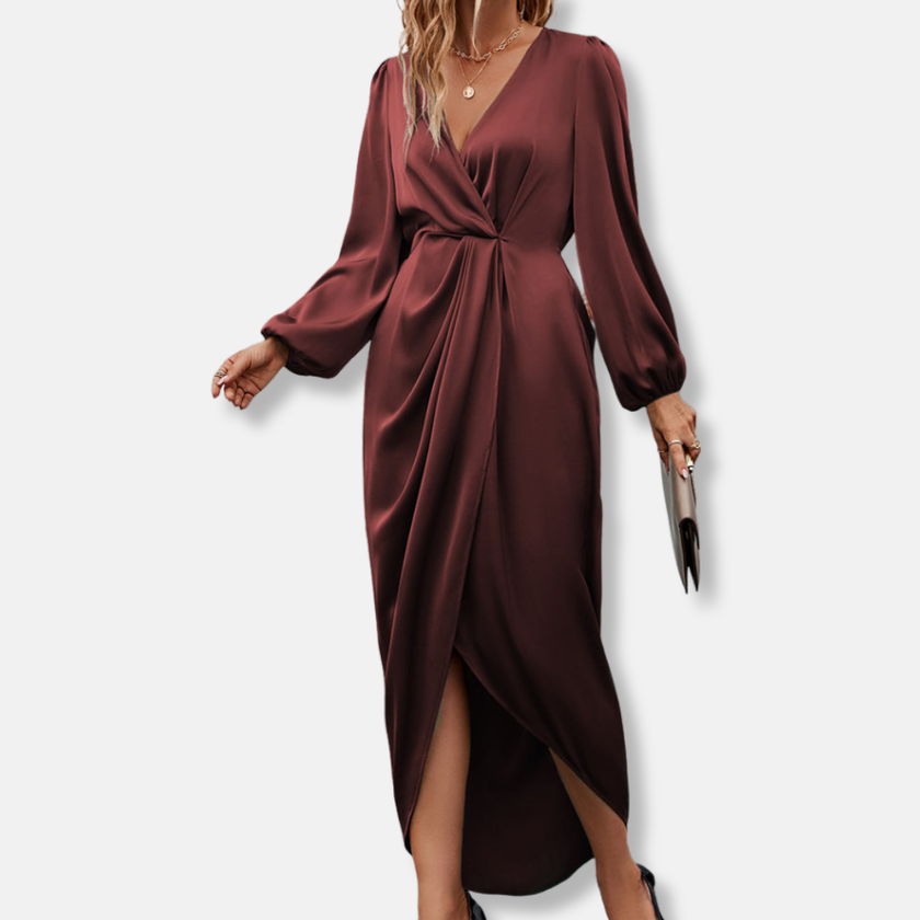 FJØRNA elegant midi dress for women with v-neck and long sleeves, shown in a stylish and flowing design perfect for formal occasions.