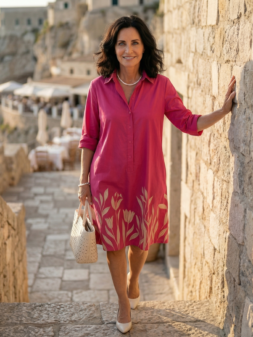 FJØRNA women's summer floral dress with pockets, flowy and lightweight for warm weather, featuring a vibrant floral pattern.