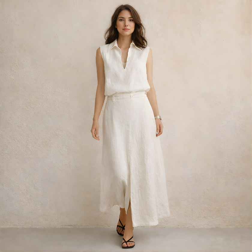 FJØRNA women's linen co-ord set featuring sleeveless top and matching shorts, breathable and stylish summer outfit.