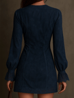 FJØRNA blue lace mini dress with intricate lace trim, elegant evening dress perfect for formal occasions.