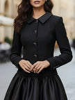FJØRNA women's tweed and satin bubble hem dress featuring a stylish combination of textured tweed and smooth satin fabric.