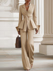 FJØRNA khaki belted waist two-piece trouser set, stylish pants set with matching top, ideal for casual or office wear