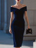 Navy velvet off-shoulder bodycon midi dress by FJØRNA featuring a fitted silhouette and elegant off-shoulder neckline.