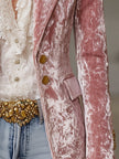 Pink velvet blazer with gold buttons for women, stylish FJØRNA jacket featuring tailored fit and elegant design.