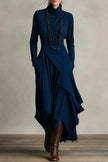 FJØRNA solid color high-neck long-sleeved irregular casual maxi dress, front view showcasing its elegant design and flowing fabric.