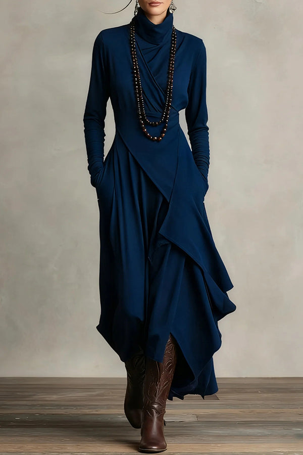FJØRNA solid color high-neck long-sleeved irregular casual maxi dress, front view showcasing its elegant design and flowing fabric.
