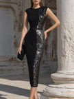 FJØRNA sculpted sleeveless contrast panel evening dress for women, featuring a fitted silhouette and stylish design.