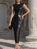 FJØRNA sculpted sleeveless contrast panel evening dress for women, featuring a fitted silhouette and stylish design.