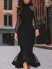 FJØRNA sheer-sleeve mermaid midi dress with ruffled hem for women, elegant evening dress with fitted silhouette and flowy details.
