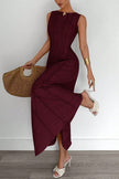 FJØRNA solid color round neck sleeveless pleated maxi dress, casual wedding dress with elegant design and flowing silhouette.