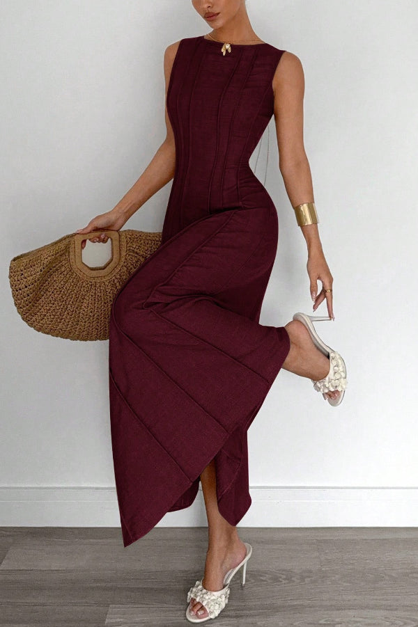 FJØRNA solid color round neck sleeveless pleated maxi dress, casual wedding dress with elegant design and flowing silhouette.
