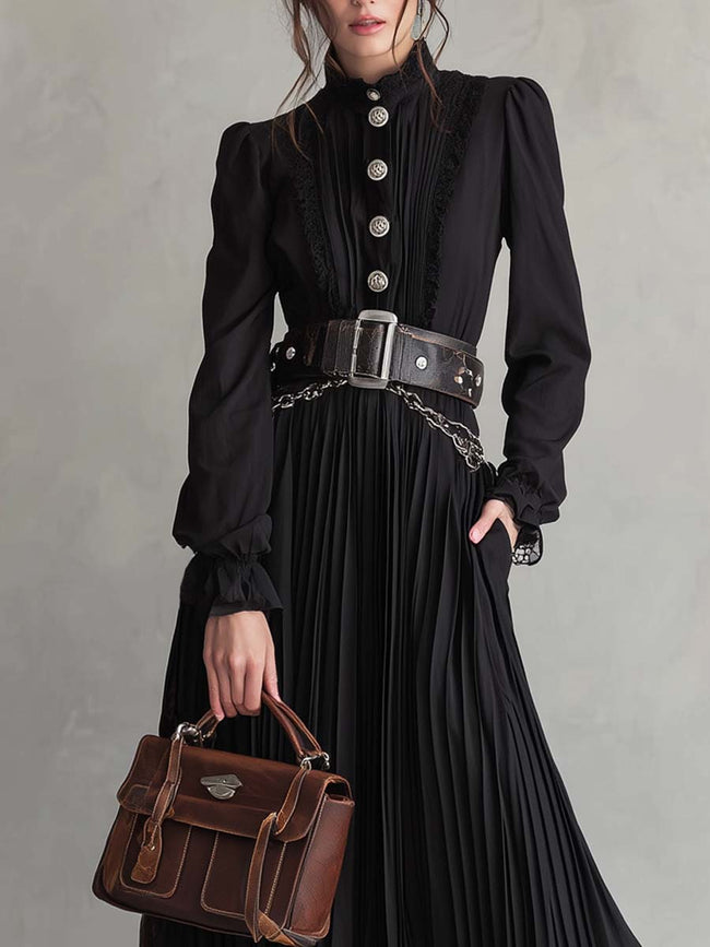 FJØRNA vintage lace hem pleated midi dress with button details, featuring a classic A-line silhouette and flowing fabric.
