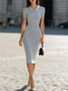 Light gray Peter Pan collar puff sleeve bodycon midi dress by FJØRNA, showcased on a model with detailed collar and fitted silhouette.