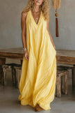 FJØRNA linen blend sleeveless maxi dress with V-neck, pockets, solid color, casual style, loose fit, lightweight fabric.