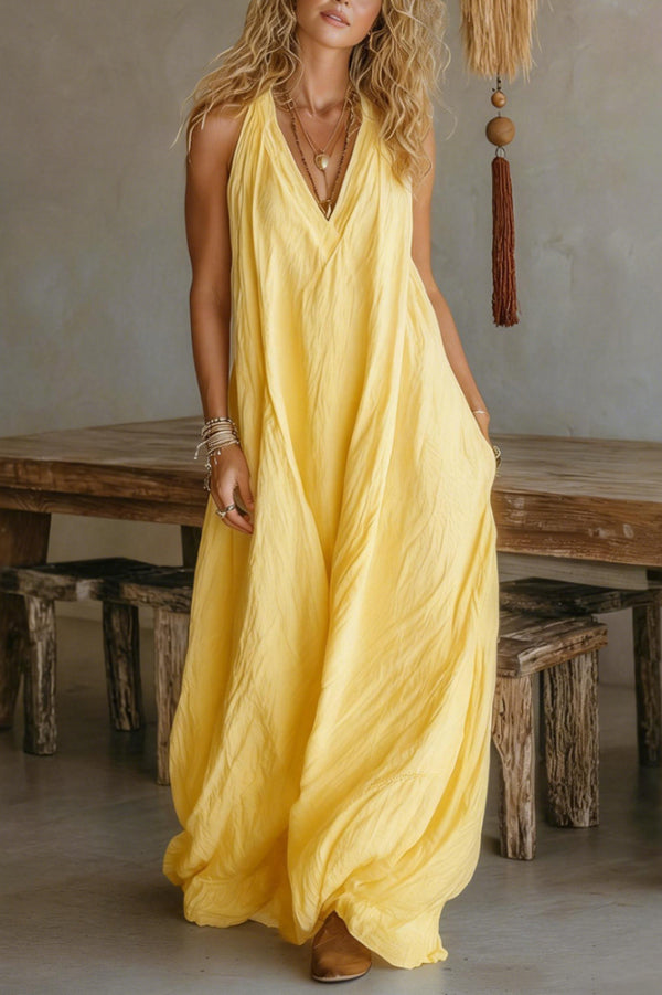 FJØRNA linen blend sleeveless maxi dress with V-neck, pockets, solid color, casual style, loose fit, lightweight fabric.