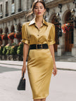 FJØRNA satin belted midi dress featuring a sophisticated shirt style, with a waist belt and elegant midi length.