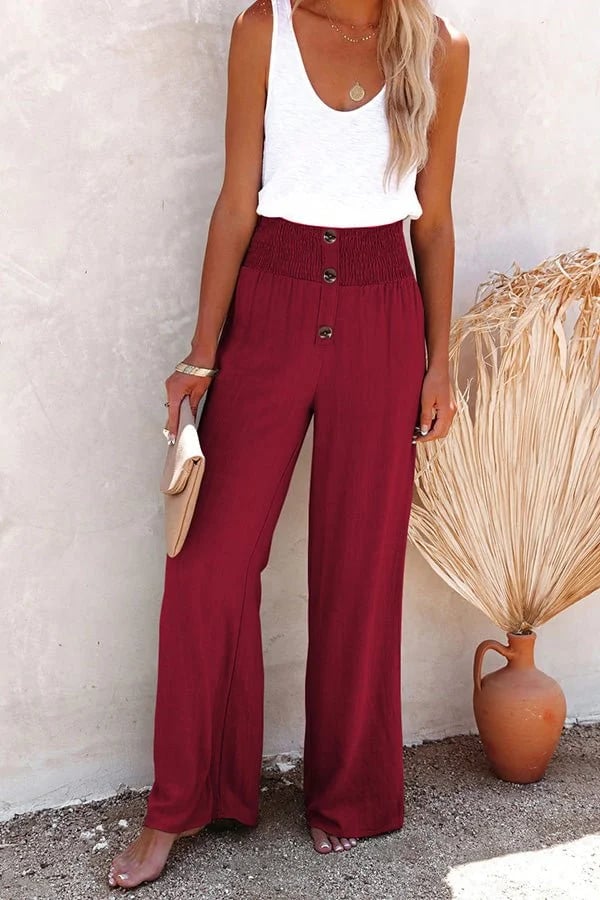 FJØRNA lightweight summer women's trousers with high waist, relaxed fit, and elastic waistband, shown in beige fabric.