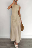 FJØRNA solid color round neck sleeveless pleated maxi dress with casual elegance, suitable for casual or wedding occasions.