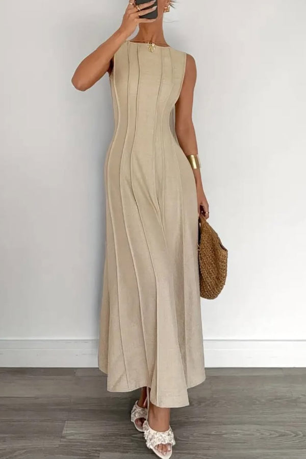 FJØRNA solid color round neck sleeveless pleated maxi dress with casual elegance, suitable for casual or wedding occasions.