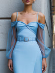 FJØRNA elegant off-shoulder mesh-sleeve midi dress with belt, showing a fitted style perfect for formal occasions.