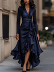 FJØRNA midnight blue satin maxi dress with draped design and ruffle details, elegant evening dress for formal occasions