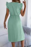 FJØRNA solid color V-neck lace-trimmed sleeveless pleated midi dress, casual style with a flattering fit and elegant design.