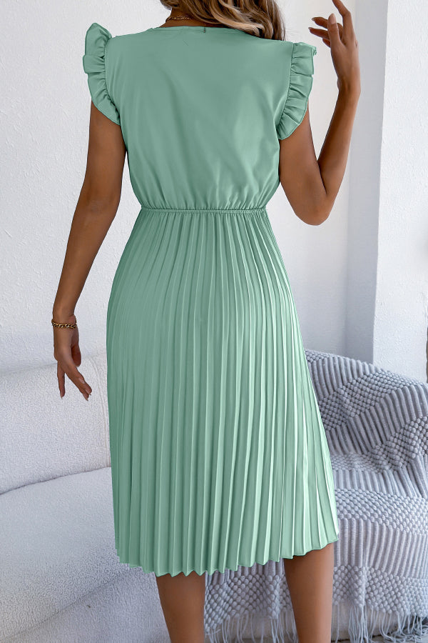FJØRNA solid color V-neck lace-trimmed sleeveless pleated midi dress, casual style with a flattering fit and elegant design.