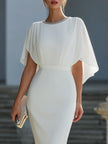 FJØRNA embellished neckline cape-sleeve sheath midi dress for women, stylish dress with detailed neckline and elegant cape sleeves.