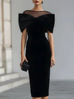 FJØRNA women's elegant midi dress in velvet with a Bardot neckline, showcasing a fitted silhouette and sophisticated style.