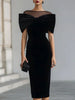 FJØRNA women's elegant midi dress in velvet with a Bardot neckline, showcasing a fitted silhouette and sophisticated style.