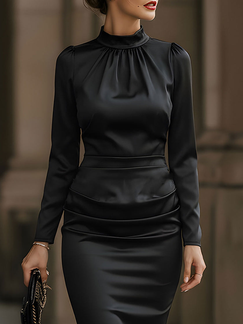FJØRNA satin gathered-neck ruched-waist pencil dress for women, stylish and elegant, shown on a model.