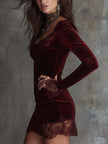 FJØRNA sparkling velvet lace-trim mini dress in spiced wine red, featuring a fitted silhouette and elegant lace details.