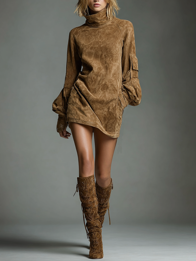Suede Turtleneck Mini Dress Womens For Women