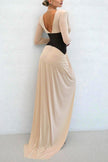 FJØRNA color-blocked V-neck long-sleeved maxi dress with high slit, slim fit, elegant design, and stylish details.