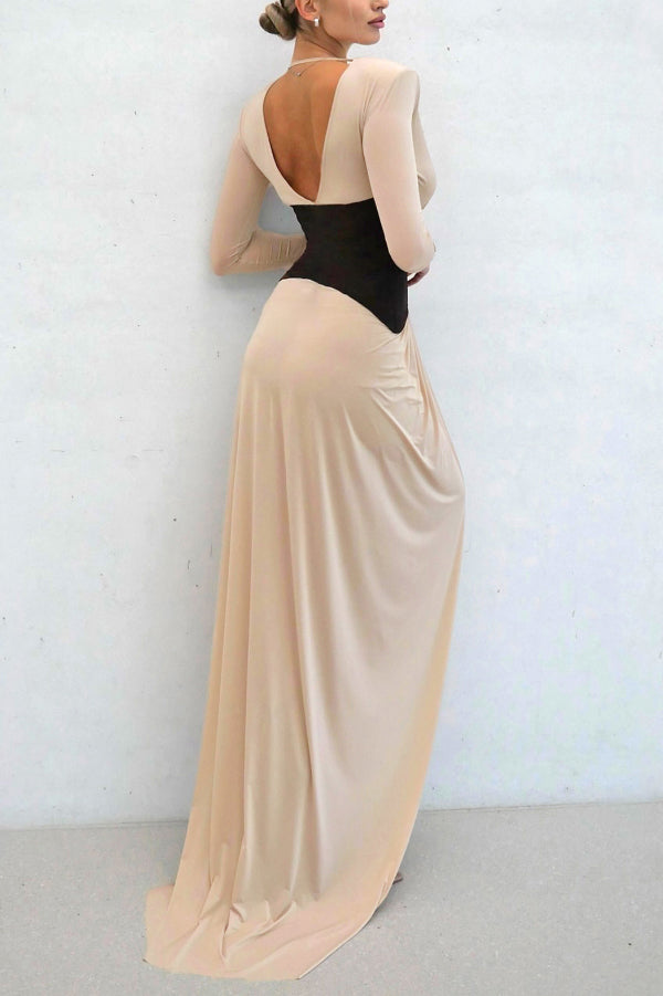 FJØRNA color-blocked V-neck long-sleeved maxi dress with high slit, slim fit, elegant design, and stylish details.