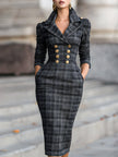 FJØRNA white bodycon midi dress with long sleeves, plaid pockets, notched collar, and button details, casual and stylish.