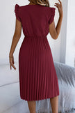 FJØRNA solid color V-neck sleeveless midi dress with lace trim and pleated design, casual and elegant for everyday wear.